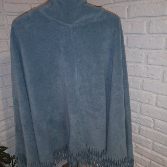 Togo Drawstring High Neck Blue Fleece Fringed Ends Poncho - Picture 2 of 7